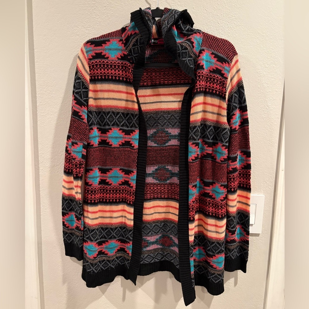 Vintage Y2K Say What? Cardigan Womens L Knit Hoodie Sweater Tribal Aztec EUC - Picture 2 of 16